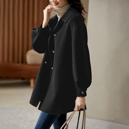 尚都比拉冬季100%羊毛双排扣毛呢大衣腰带设计灯笼袖双面呢外套女 雅黑色S