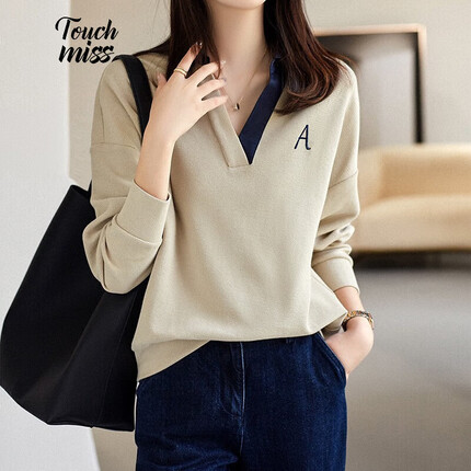 塔驰密司（TOUCH MISS）女装卫衣女秋季慵懒长袖无帽V领卫衣XH2022367 米灰色 M