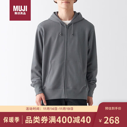 无印良品（MUJI）男式 紧密编织毛圈 拉链连帽衫 卫衣外套 ABI10A2A 中灰色 M 