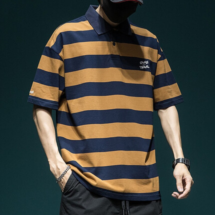 古先森短袖t恤男宽松纯棉翻领polo打底衫男士半袖条纹体恤夏季大码刺绣中袖有领带领半截袖胖子夏天男装 咖啡色 L【120-135斤】