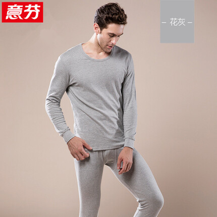 意芬男士保暖内衣纯棉圆领棉毛衫秋衣秋裤男加肥加大码基础打底套装 花灰色 L(建议130-150斤)