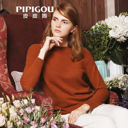 皮皮狗 秋冬款连领插肩袖女羊绒套衫 季针织衫毛衣女 351焦糖色 M/100
