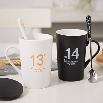 布丁瓷艺（BUDINGCIYI） 1314情侣对杯创意马克杯水杯咖啡杯带盖勺陶瓷杯子 白色金字13黑色白字14款套装（陶瓷盖+精美勺）