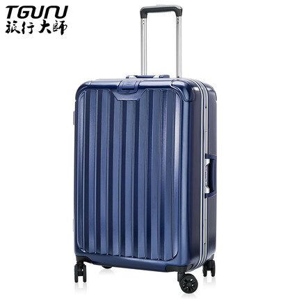 旅行大师超大纯PC铝框拉杆箱出国密码行李箱学生大容量特大号商务旅行箱子 宝石蓝 28英寸