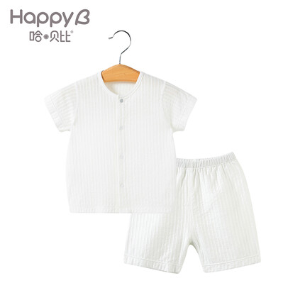 哈贝比婴儿衣服夏季男童女童套装儿童睡衣薄款家居服一岁宝宝衣服夏儿童短袖套装 米白色袖套装（萌趣条纹） 80(12-18月)