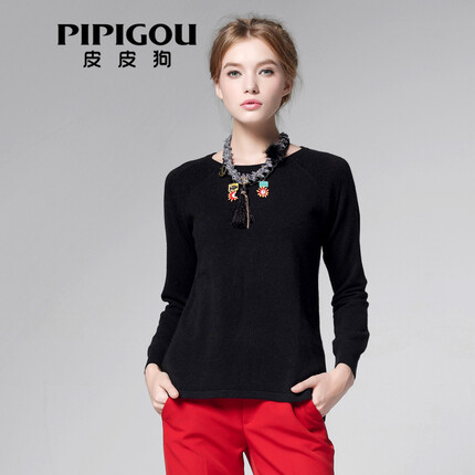 皮皮狗 羊绒衫女士圆领纯色透气保暖套头打底衫毛衣女 701黑色 L(105)