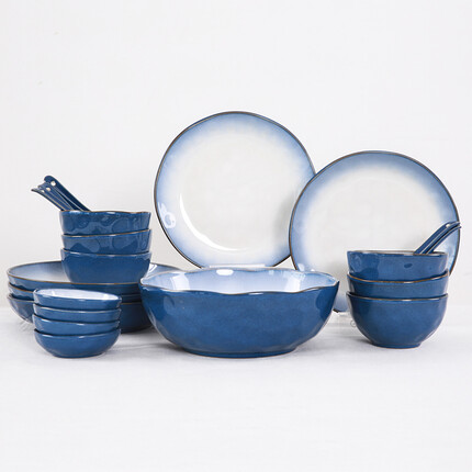 玉泉青荷中式餐具套装碗碟餐具 蓝色22头套装