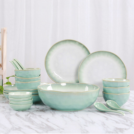玉泉青荷中式餐具套装碗碟餐具 绿色22头套装