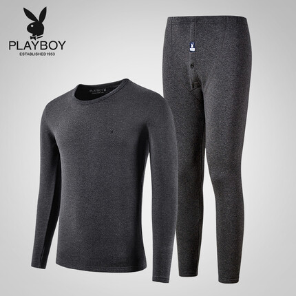 花花公子德绒保暖内衣男加绒加厚男士保暖内衣秋衣秋裤男深麻灰圆领XXL