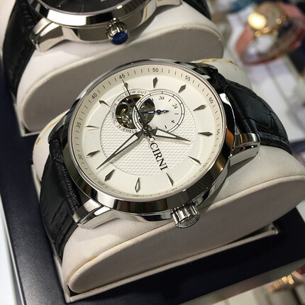 西亚尼手表 全自动机械表镂空男士手表男皮带防水时尚精钢腕表 皮白面CI6057M CIRNI