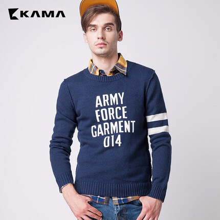 卡玛kama 针织衫男秋季男装圆领套头字母印花休闲简约毛衣2316407