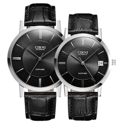 西亚尼简约真皮带机械情侣一对表时尚男士手表潮流男表时装女表防水 银壳黑面皮带一对 CIRNI