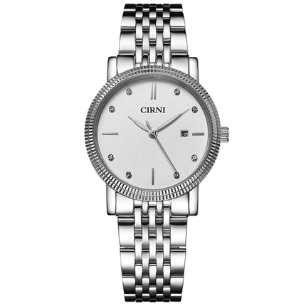 西亚尼情侣手表一对简约气质时尚潮流防水超薄石英表情侣表 银壳白面钢带女款 CIRNI