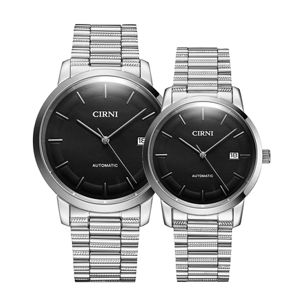 西亚尼全自动机械表真皮带情侣手表一对表男士男表商务时尚女表防水 黑面钢带一对 CIRNI