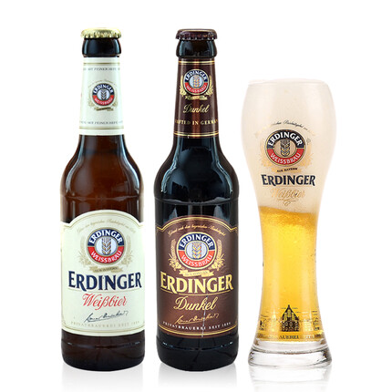 艾丁格（Erdinger）德国原装进口啤酒艾丁格ERDINGER系列啤酒 330ml黑啤白啤各一瓶加330ml杯子