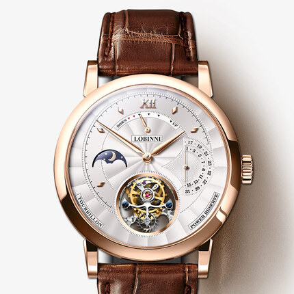 罗宾尼（LOBINNI）陀飞轮手表男士镂空机械表皮带多功能防水背透男表 红金白面棕皮