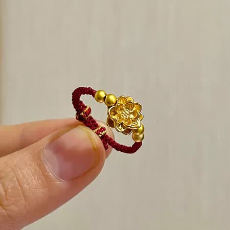 宸祥福老凤凰黄金莲花编织转运珠戒指女999足金手工红绳玫瑰花