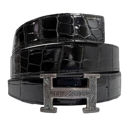 【二手99新】爱马仕hermes复古银头配鳄鱼皮带高端男士腰带 100