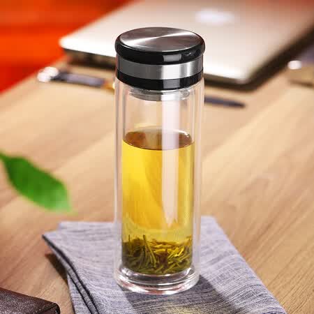 办公玻璃杯男女商务茶杯便携带茶隔茶水杯隔热加厚杯底 黑色-380ml