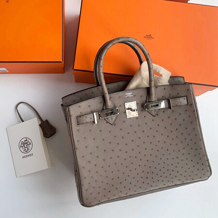 二手99新爱马仕hermesbirkin30铂金包鸵鸟皮女士手提包慕斯灰银扣鸵鸟