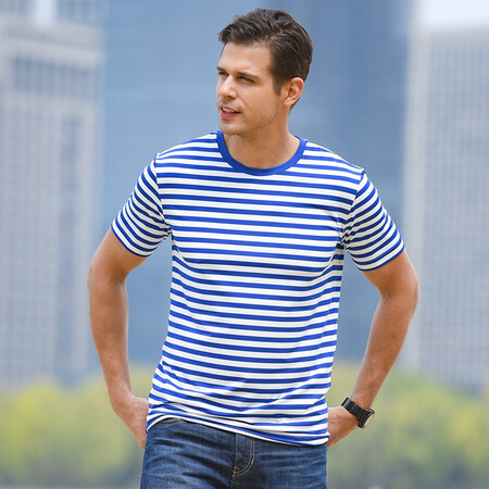 coolmax海魂衫男款条纹短袖t恤半袖夏季水手服圆领情侣衫 海军蓝-男