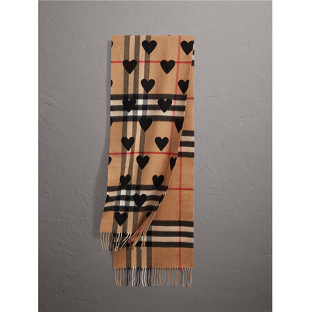 burberry/博柏利18春夏撞色爱心流苏长款保暖女士围巾40423821 驼色黑