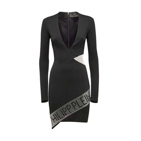 philipp plein菲利普.普兰女装连衣裙深v领长袖水晶饰带不规则下摆拉