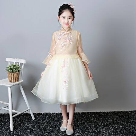 新款上市 品质保证儿童礼服旗袍公主裙中国风女童蓬蓬纱花童表演服