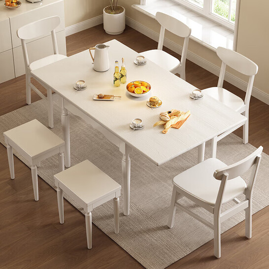 餐桌椅组合现代简约实木折叠餐桌中小户型家用桌子 一桌两椅/白