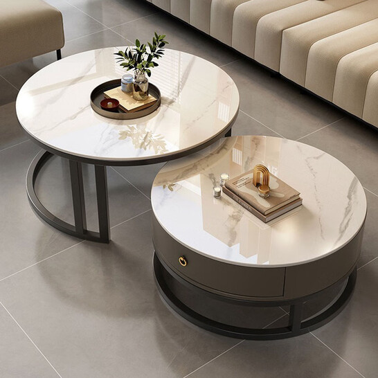 北欧岩板茶几简约现代创意小户型家用客厅轻奢圆形桌组合小茶几 [黑架灰柜]50+70鱼肚白