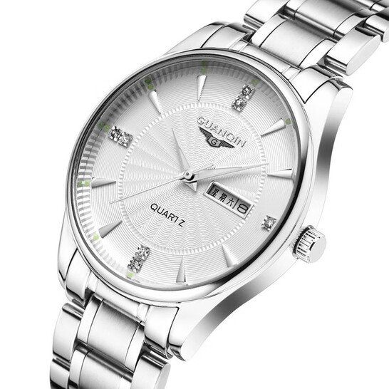 手表男瑞士品质耐磨防水夜光全自动机械表双日历手表男机械表 钢带本色白面