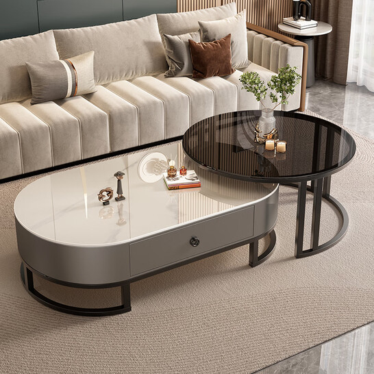 岩板茶几客厅小户型简约轻奢椭圆形可伸缩茶桌 C14-1黑架灰箱 雪山白+黑玻 120cm椭圆茶几+80cm小圆边几