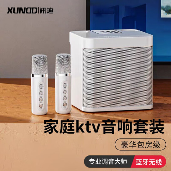 讯迪（Xundd） 家庭ktv音响套装蓝牙无线双麦卡拉ok一体机手机k歌音箱直播户外家用小型唱歌设备 乳银白【双麦-套装】超清音质+多种K歌音效"
