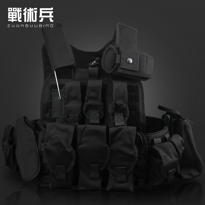 战术兵 黑色多功能战术背心一体式钢丝快拆执勤巡逻防D衣训练防护装备 黑色重型背心 均码