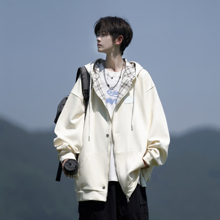 魄克连帽开衫卫衣男春秋季新款美式潮牌痞帅休闲外套大码宽松百搭上衣 JK08 米白色 M 95-110斤【图片 价格 品牌 报价】-京东