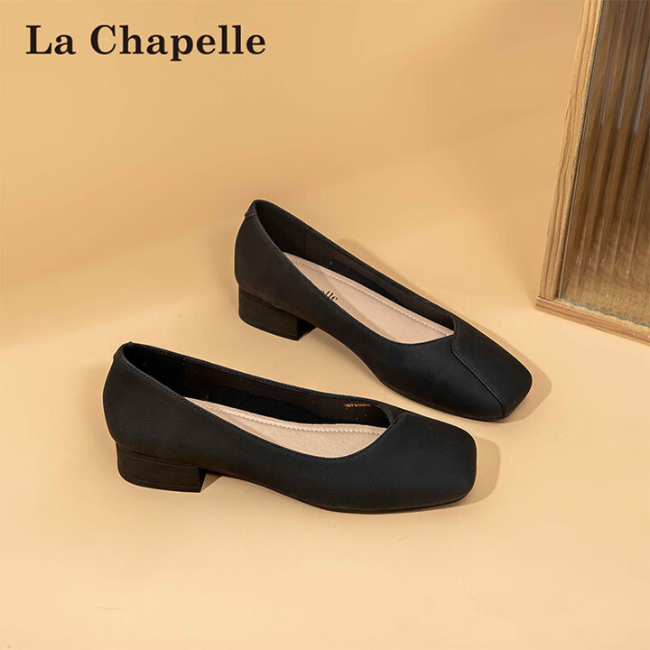 拉夏贝尔女鞋法式单鞋女玛丽珍鞋粗跟软底一脚蹬懒人小皮鞋 黑色 40