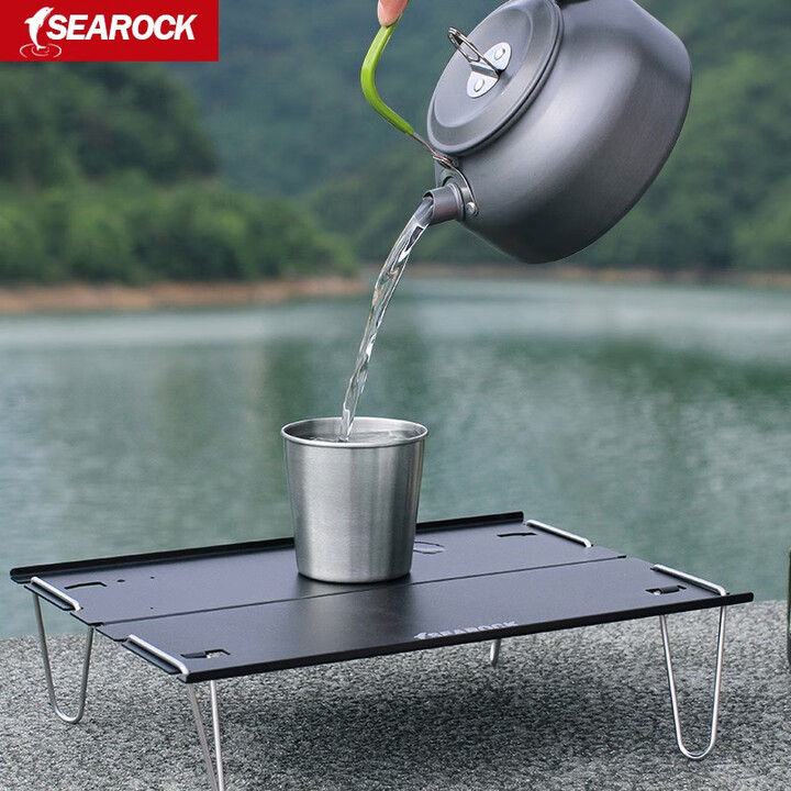 SEAROCK户外铝合金便捷折叠桌轻便野外露营小桌子公园休闲迷你餐桌茶桌子 小号铝板折叠桌(黑色)