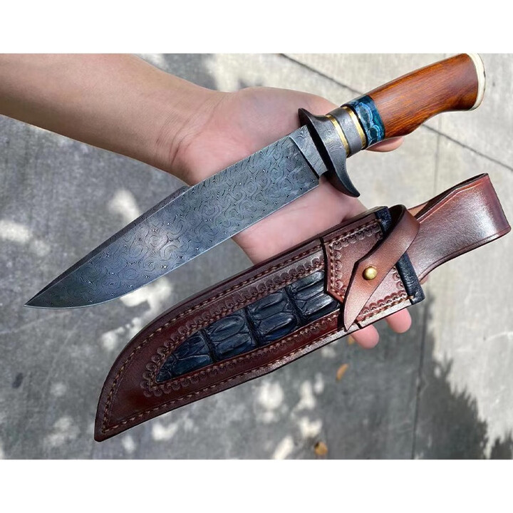 美国刀匠定制版户外直刀云卷大马士革钢刀高硬度直刀沙漠铁木猛犸化石猛犸牙手柄收藏送礼高端刀具