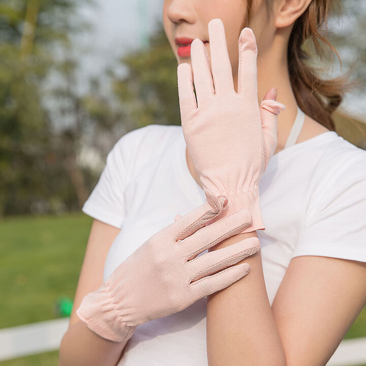 李绅棉手套女夏季薄款防晒开车防滑露指触屏骑电动车漏二指干活用骑行 棉质双手翻盖-水粉 均码