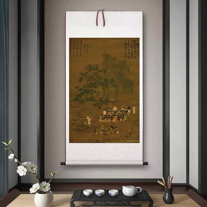 宋 赵佶《文会图》客厅书房茶室山水风景挂画装饰画高清卷轴字画 已装裱挂轴,银白色锦绫 画心67*100厘米,裱好77*140厘米【图片 价格 ...