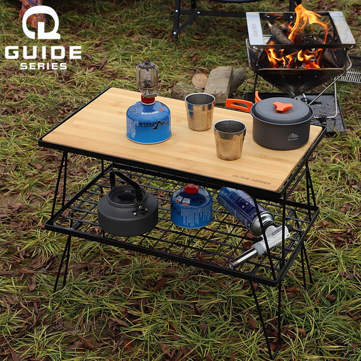 Guide Series 户外便携铁艺折叠野餐露营烧烤置物架野外野营IGT折叠桌 网格桌(双层）+竹木板
