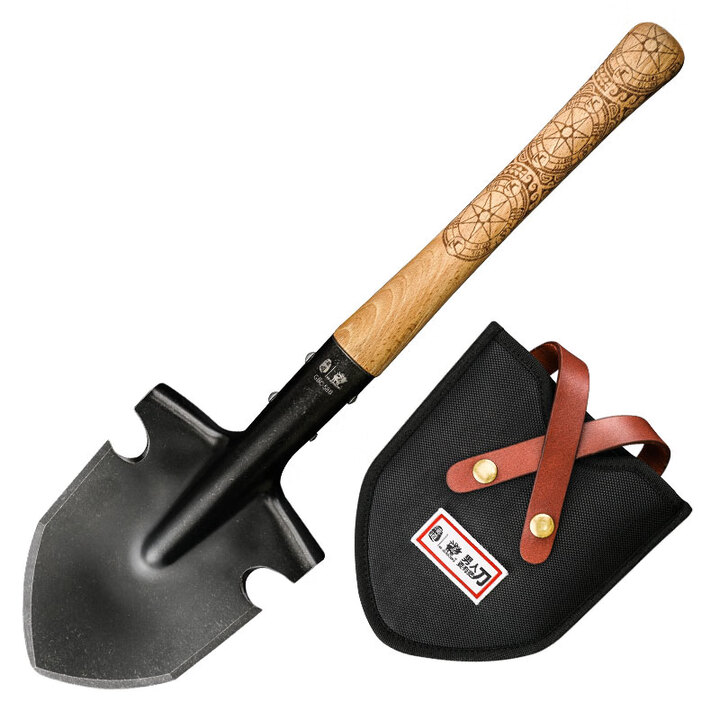 汉道户外工兵铲多功能便携露营兵工铲子防身野营钓鱼木柄铁锹 带铲袋