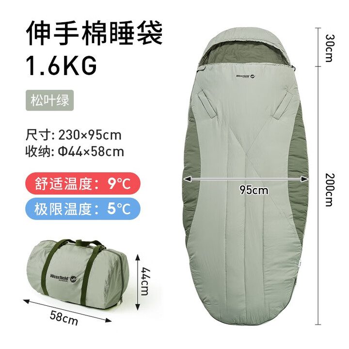 westfieldoutdoor我飞可伸手睡袋 大人成人户外露营秋冬季办公室加厚防寒睡袋 1.6KG绿色蛋形睡袋