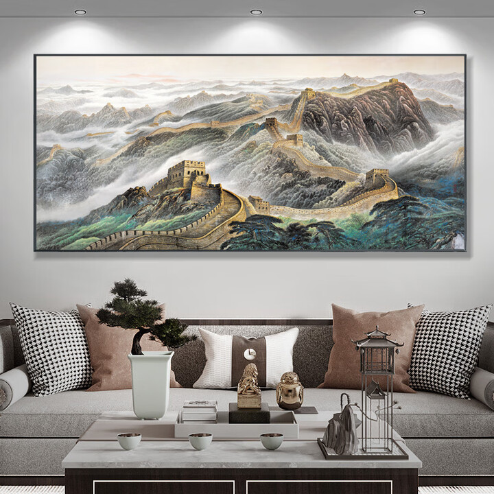 金色万里长城办公室客厅背景墙挂画靠山图字国画装饰山水风景壁画 05款-万里长城 230*100CM【顺丰包邮】 【亮面高清晶瓷画】+金铝框 ...