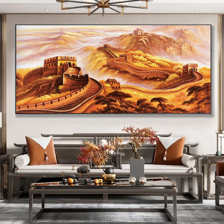 金色万里长城办公室客厅背景墙挂画靠山图字国画装饰山水风景壁画 11款-万里长城 140*60CM【顺丰包邮】 【亮面高清晶瓷画】+金铝框【图片 ...