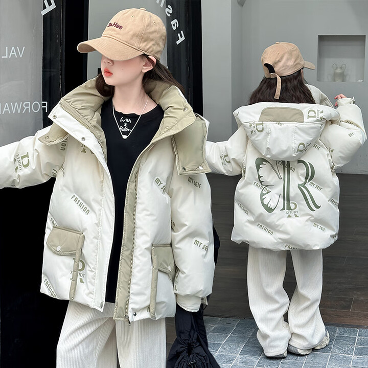 毽子飞飞女童外套冬装2025新款中大童秋冬款保暖棉衣儿童冬季加厚羽绒棉服 杏色2499蝴蝶字母压花棉衣 160 尺码建议身高150-155厘米 ...