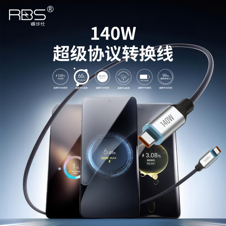 睿歩仕/RBS 140W 100W超级协议转换线48锭编织工艺兼容笔记本充电适配OP、Vi、Mi、苹果、HW系列 100W超级协议转换线 兼容 ...