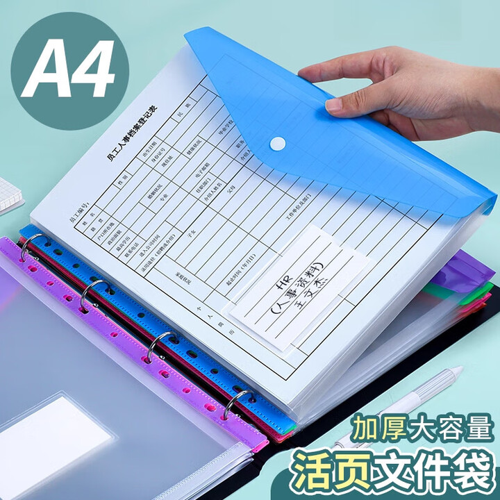 何佳功a4活页文件袋透明按扣袋带标签加厚大容量竖式档案袋小学生科目分类补习袋试卷袋横式资料袋11孔活 【白色活页夹+6个横式彩色文件袋 ...