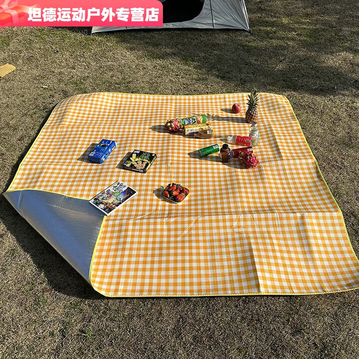 柏潮加厚彩膜野外露营垫户外野炊垫野餐布垫草坪垫子铺地宿舍防潮床垫 2.5毫米厚-黄白格 1X2米-送收纳袋