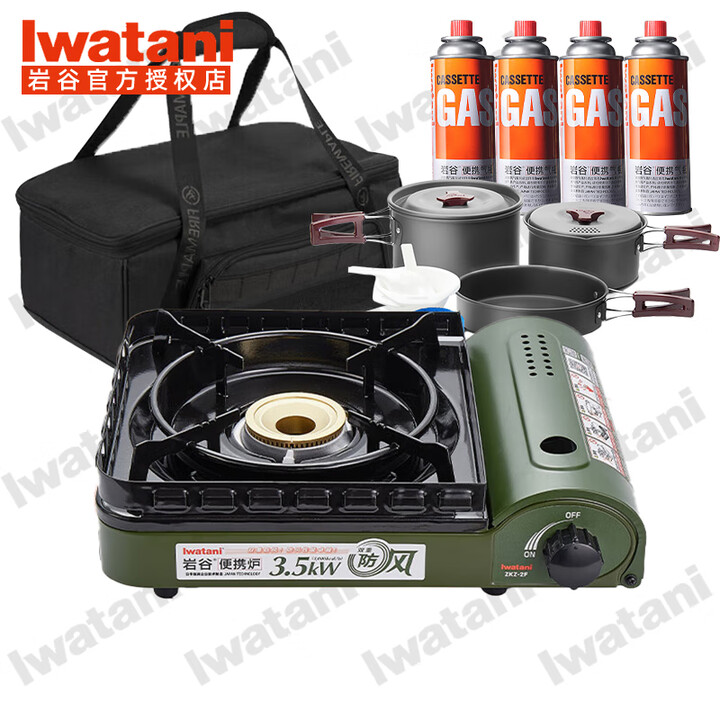岩谷（Iwatani）卡式炉便携式烧烤户外炉具烤盘套装火锅露营野餐卡斯磁士丁烷燃气 ZKZ-2F【户外204套锅套装】